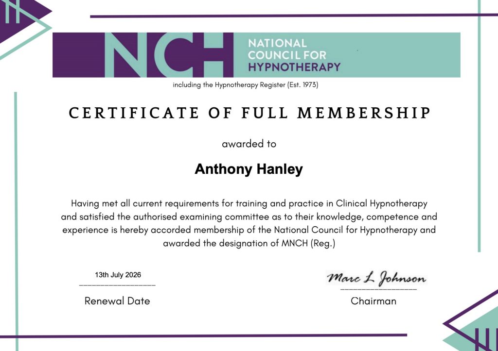 anthony hanley hypnotherapy certificate